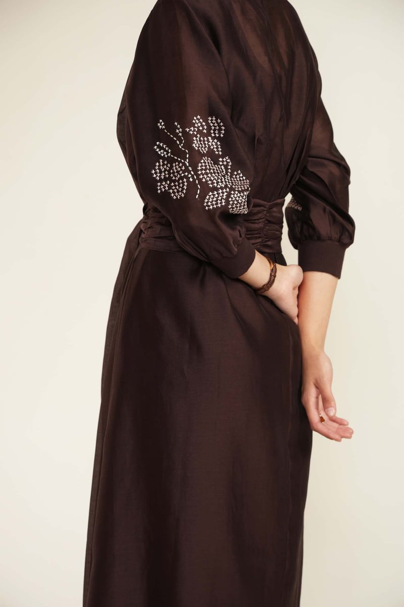 Grape Silk Chanderi Midi Shirt Dress With Hand Embroidery