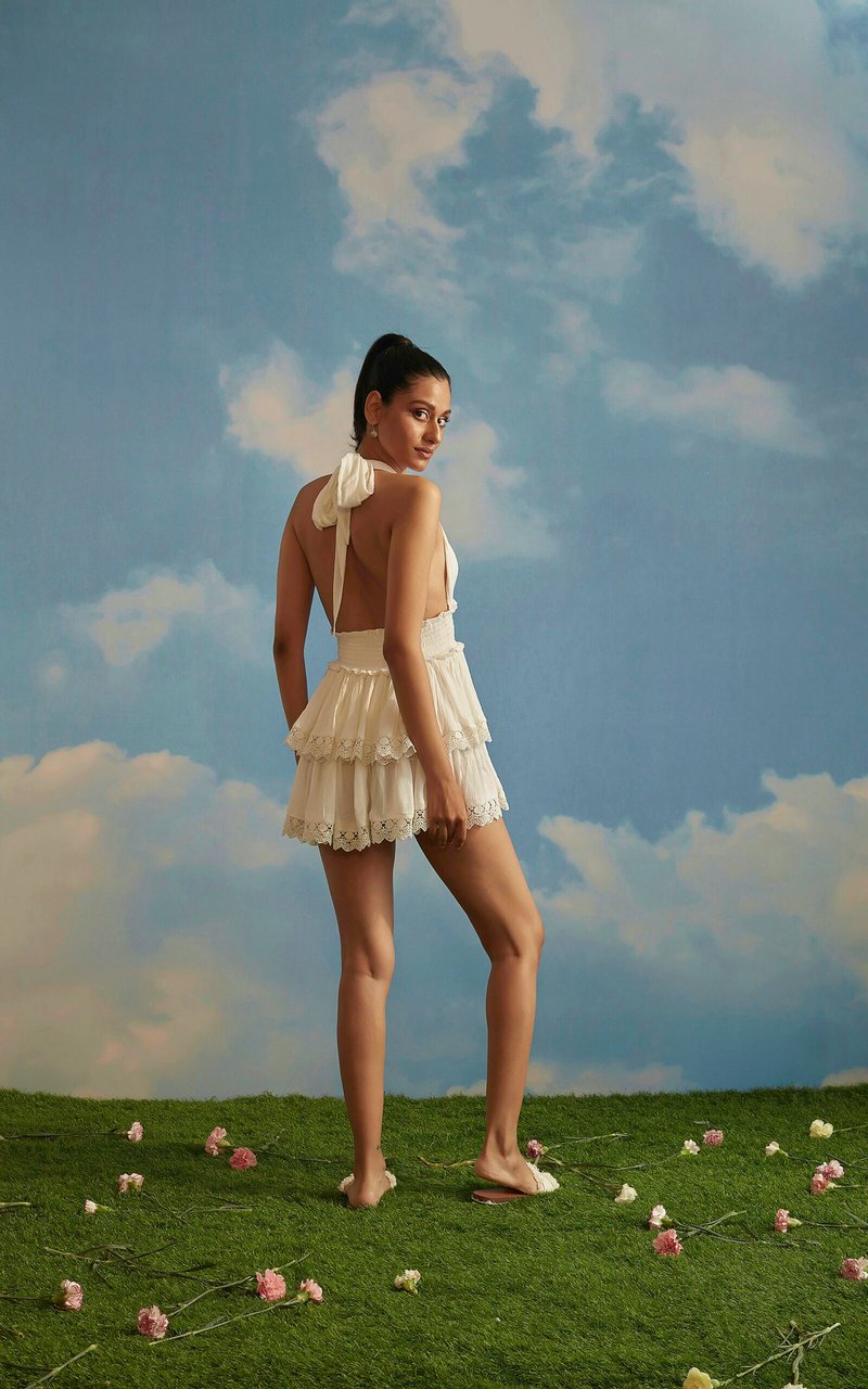 Off-White Halter Tie-Up Tiered Mini Dress with Lace Trim