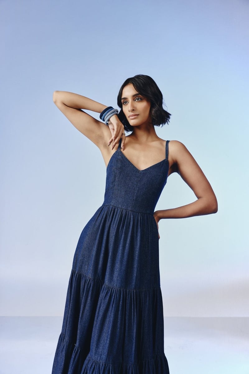 Deep Indigo Tiered Denim Maxi Dress