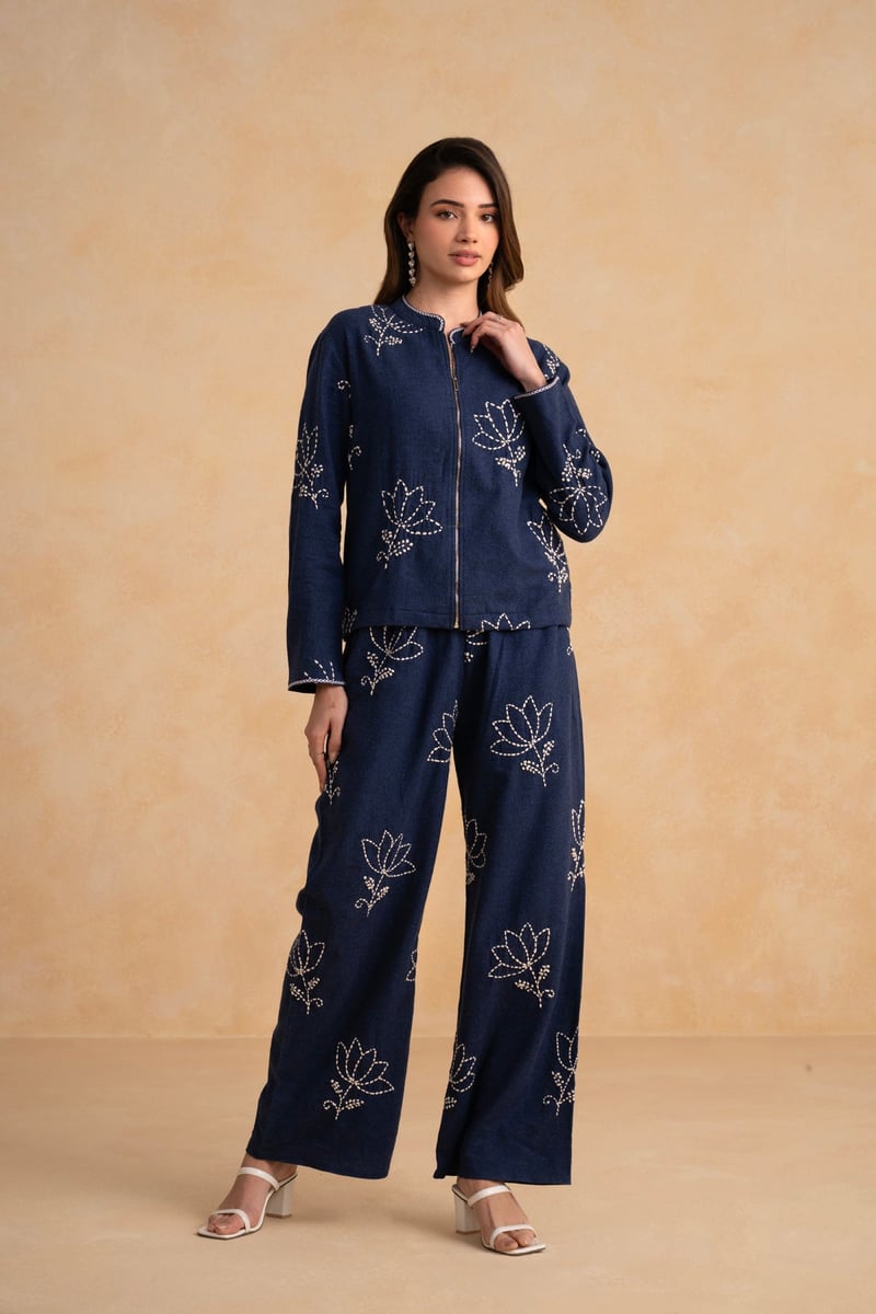 Dark Blue Embroidered Zip-Up Jacket and Pant Co-ord Set