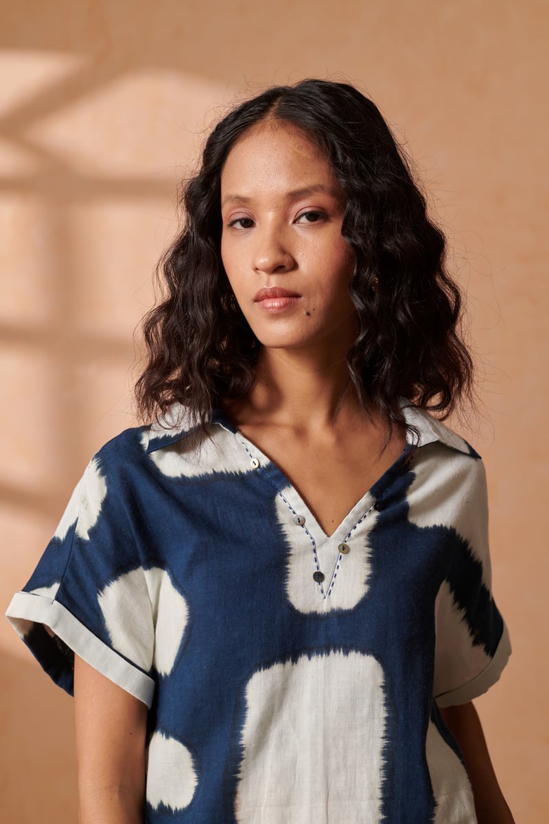 Indigo Brush-Painted Check Drop-Shoulder Cotton Top