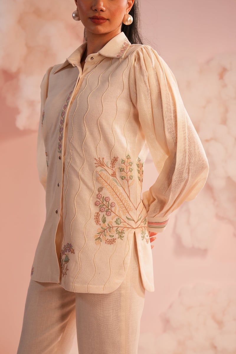 Cream Embroidered Shirt and Bootcut Pants Co-ord Set