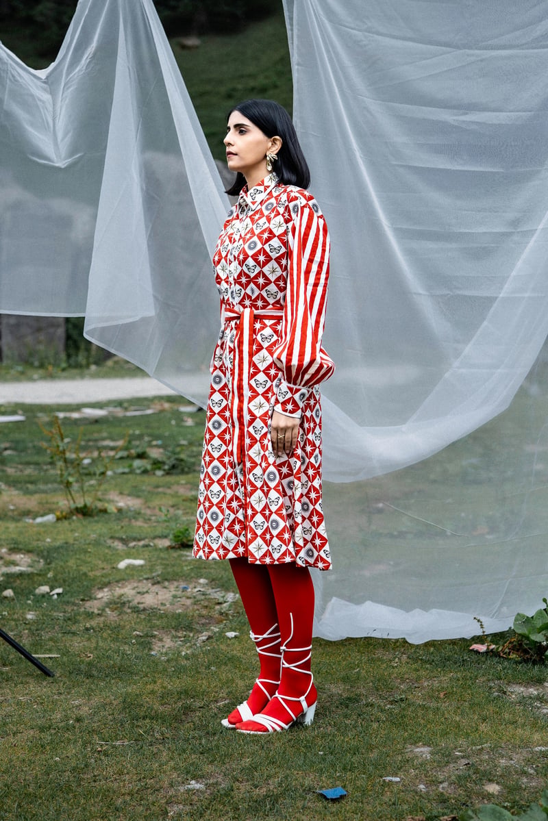 Red and White Printed Midi Shirt Dress with Belt — White Saturn
