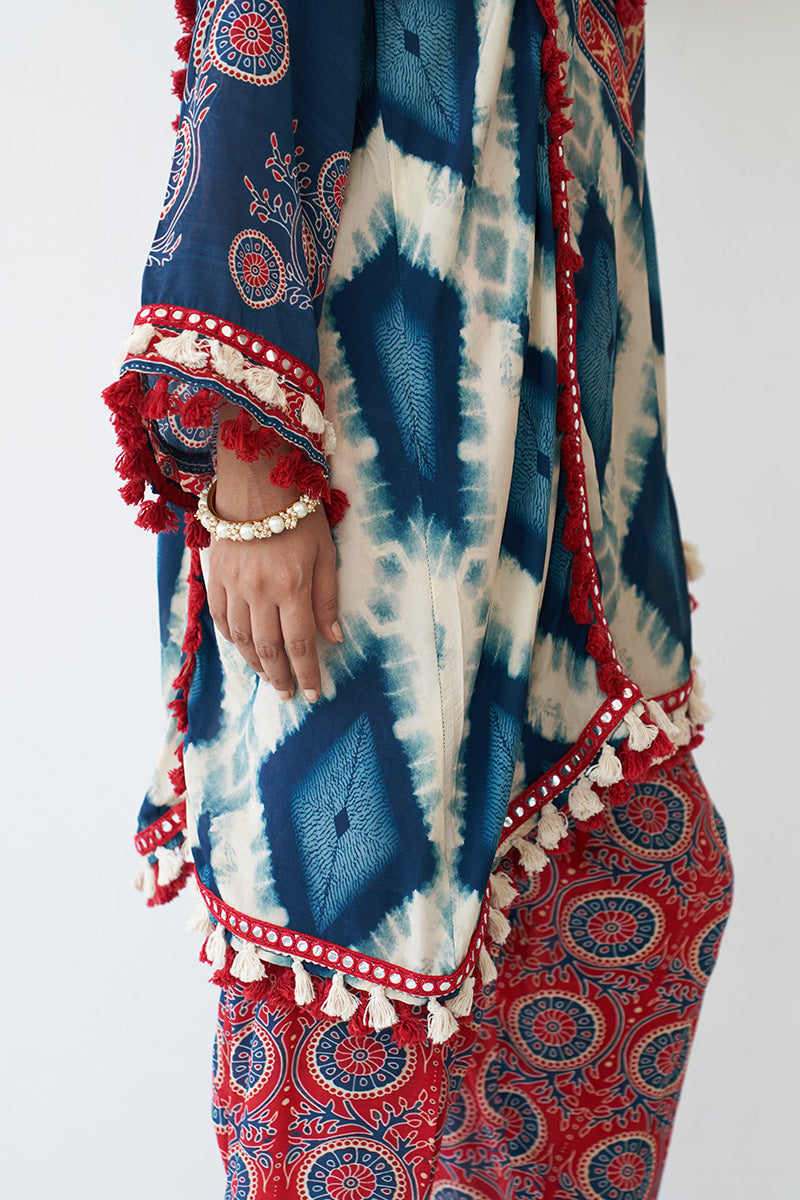 Blue Printed Crepe Kurta Set with Mirror Work Trim