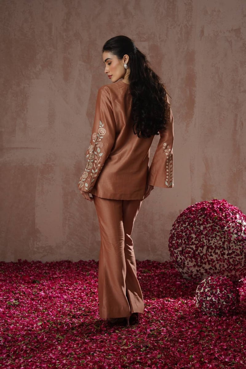 Rose Chanderi Silk Embroidered Co-ord Set with Bell Bottoms