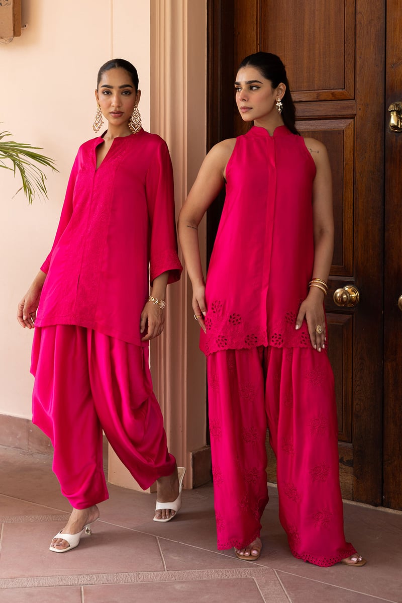 Hot Pink Cutwork Tunic and Farshi Salwar Co-ord Set