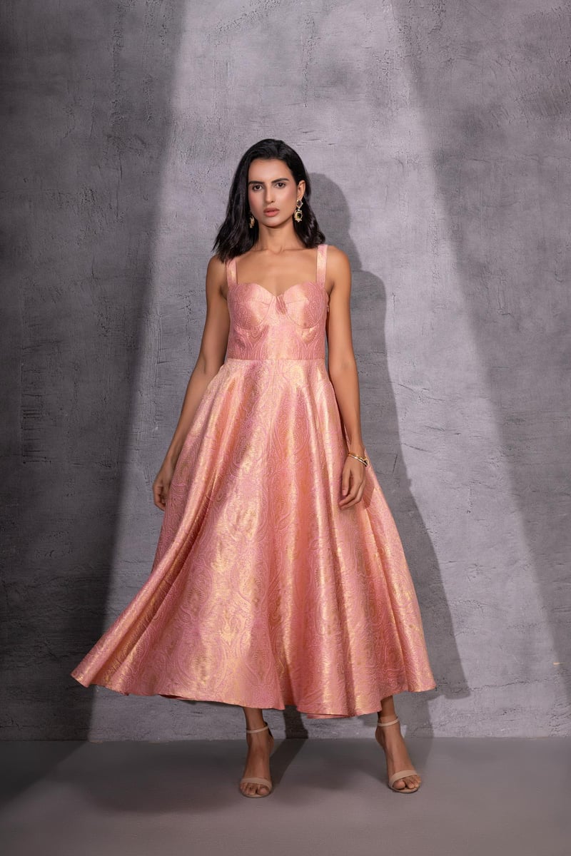 Pink Brocade Fit and Flare Midi Dress Set with Jacket
