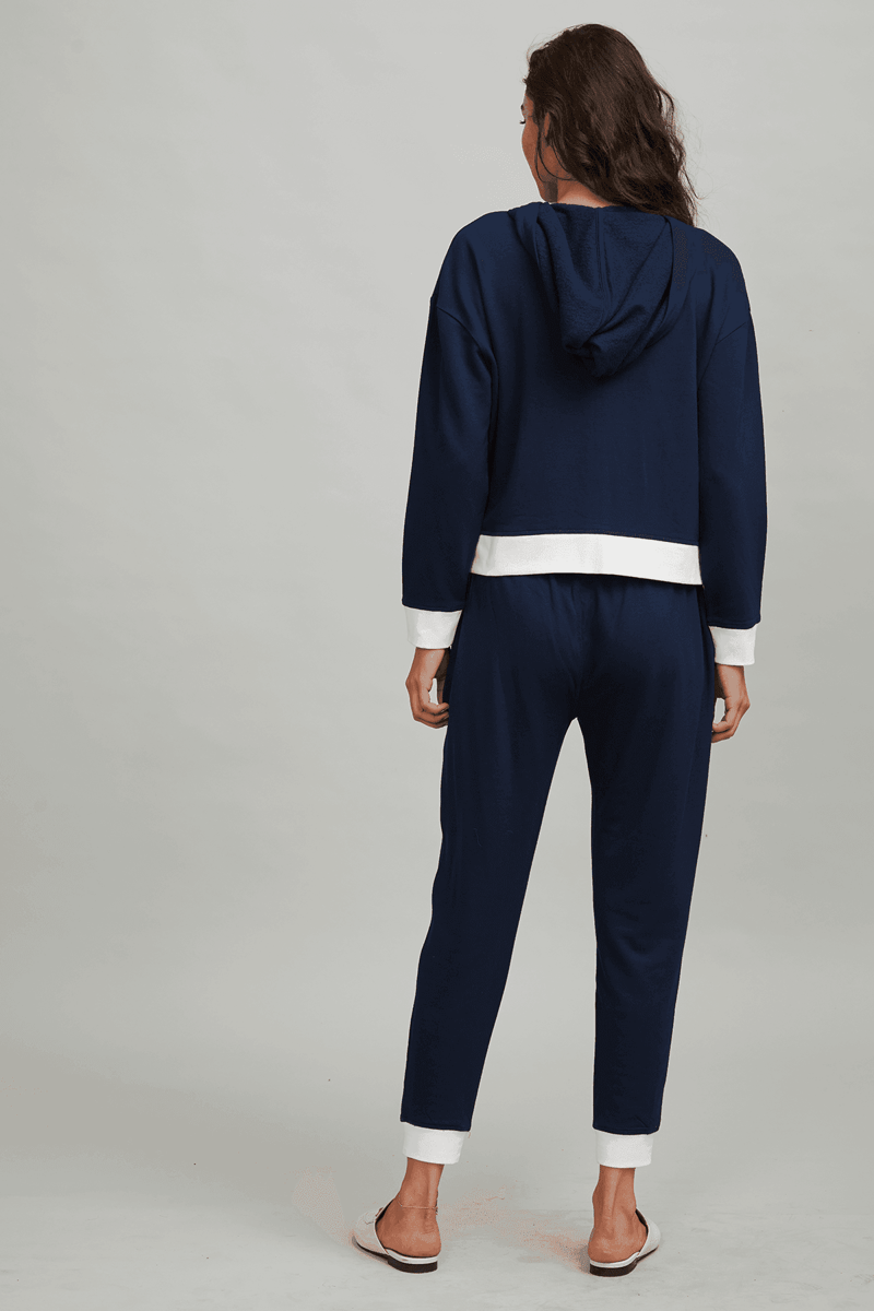 Navy and White Zip-Up Hoodie with Hood