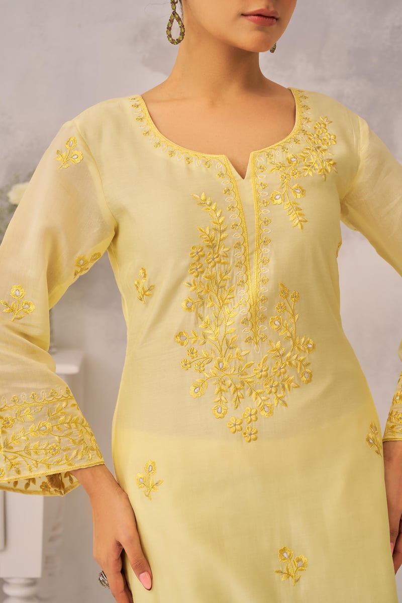 Lime Yellow Chanderi Silk Embroidered Suit Set