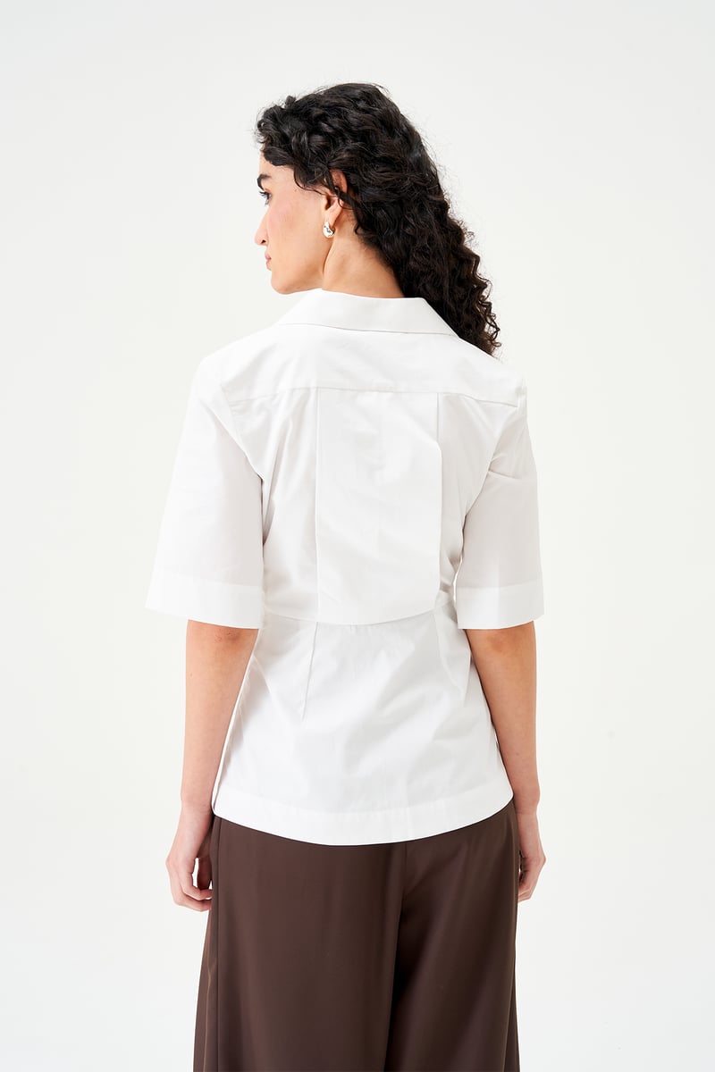 White Cotton Poplin Draped Waist Shirt