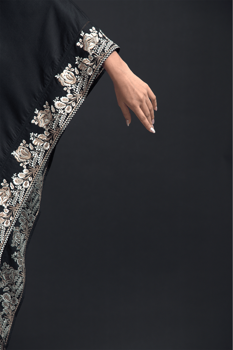 Black One-Shoulder Embroidered Border Kaftan Dress