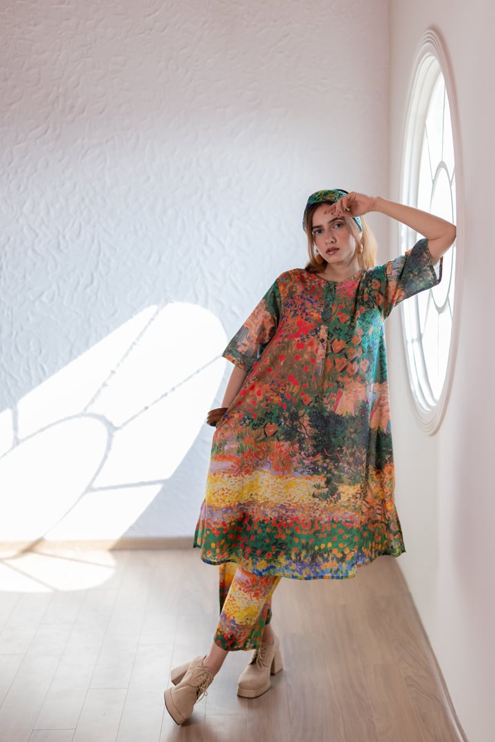 Multicolor Scenic Print Cotton Cambric Kurta Set