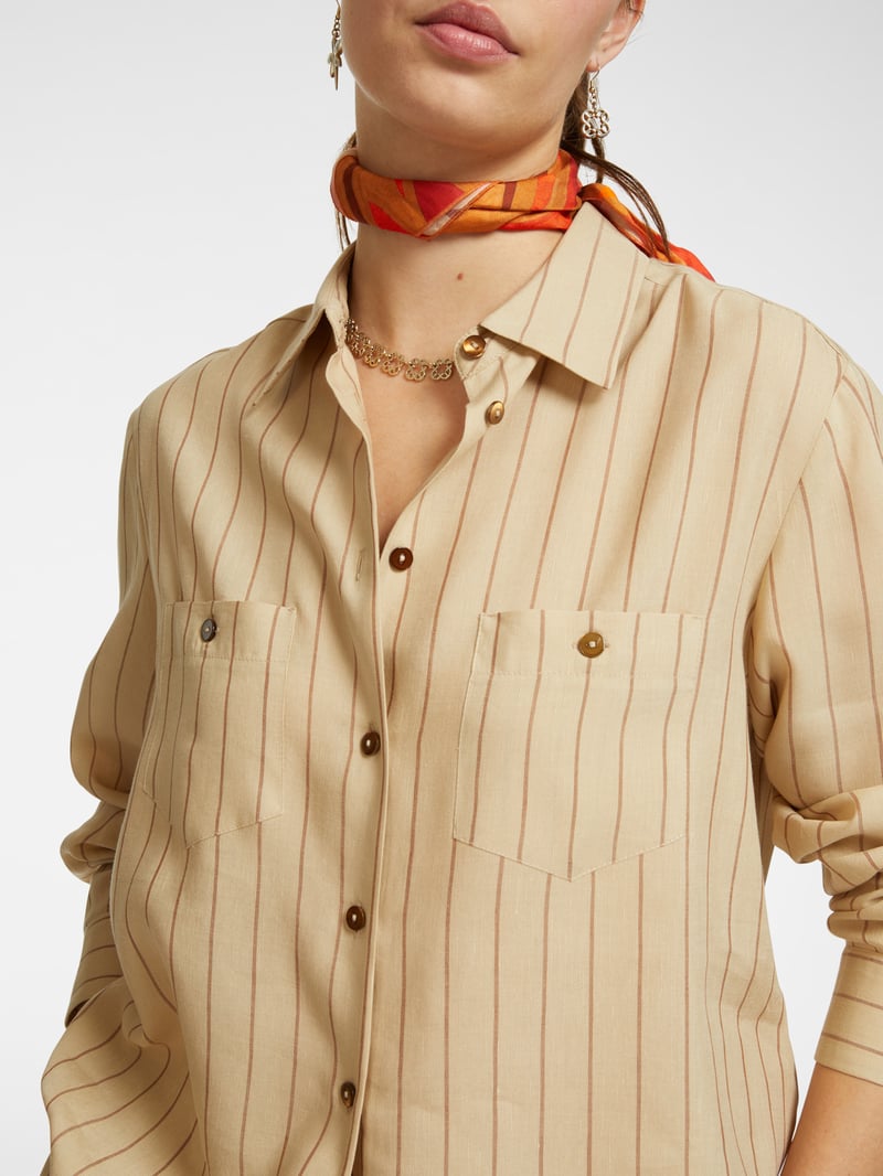 Sand Pinstripe Button-Down Shirt with Chest Pockets