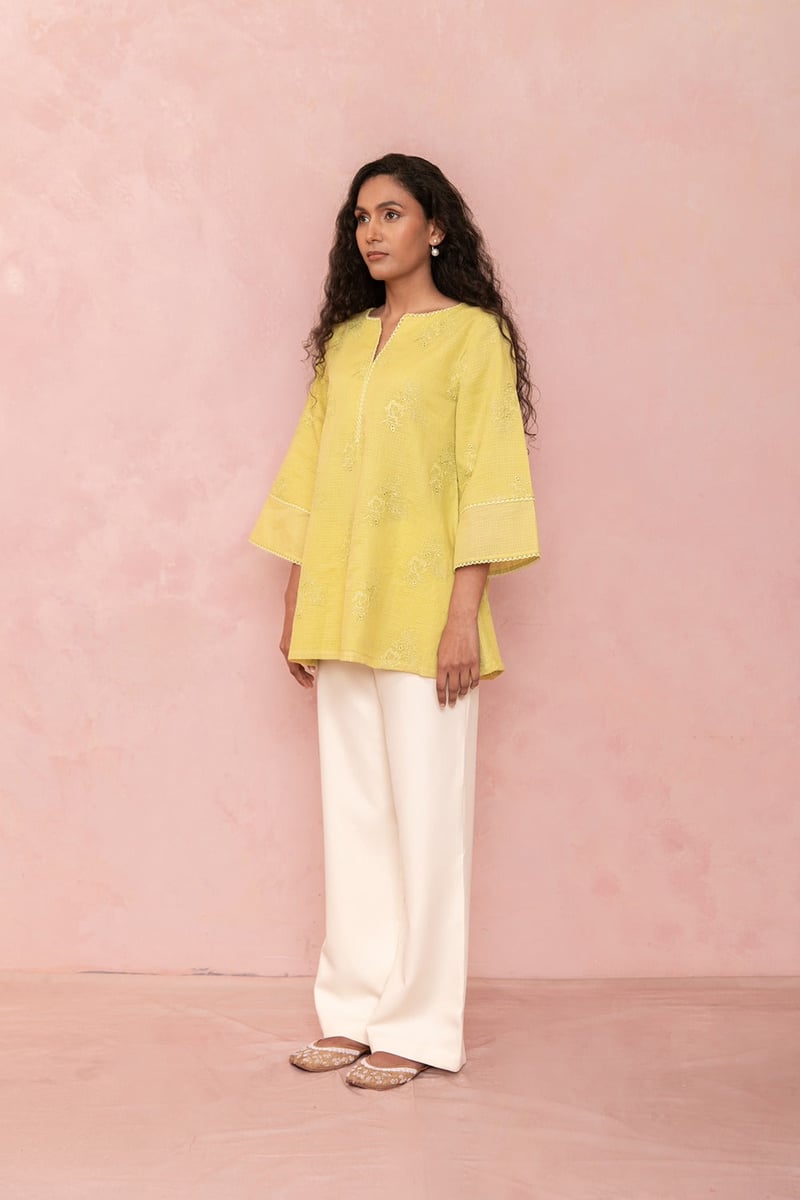 Yellow Cotton Tunic Top with Tonal Embroidery