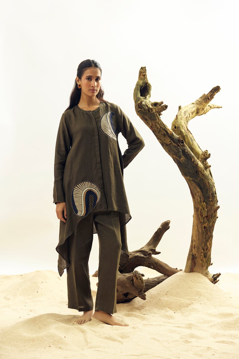 Olive Linen Tunic and Straight Pants Co-ord Set