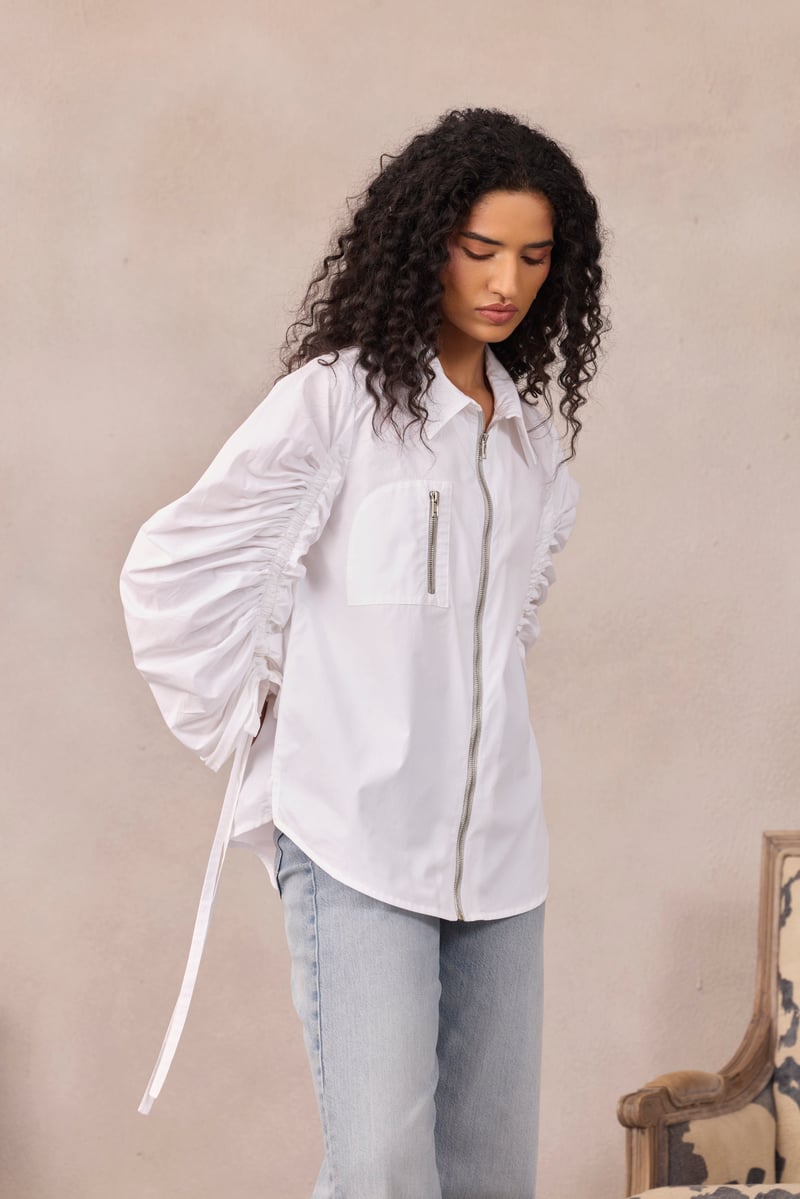 Lavender Ruched Sleeve Zip-Front Shirt