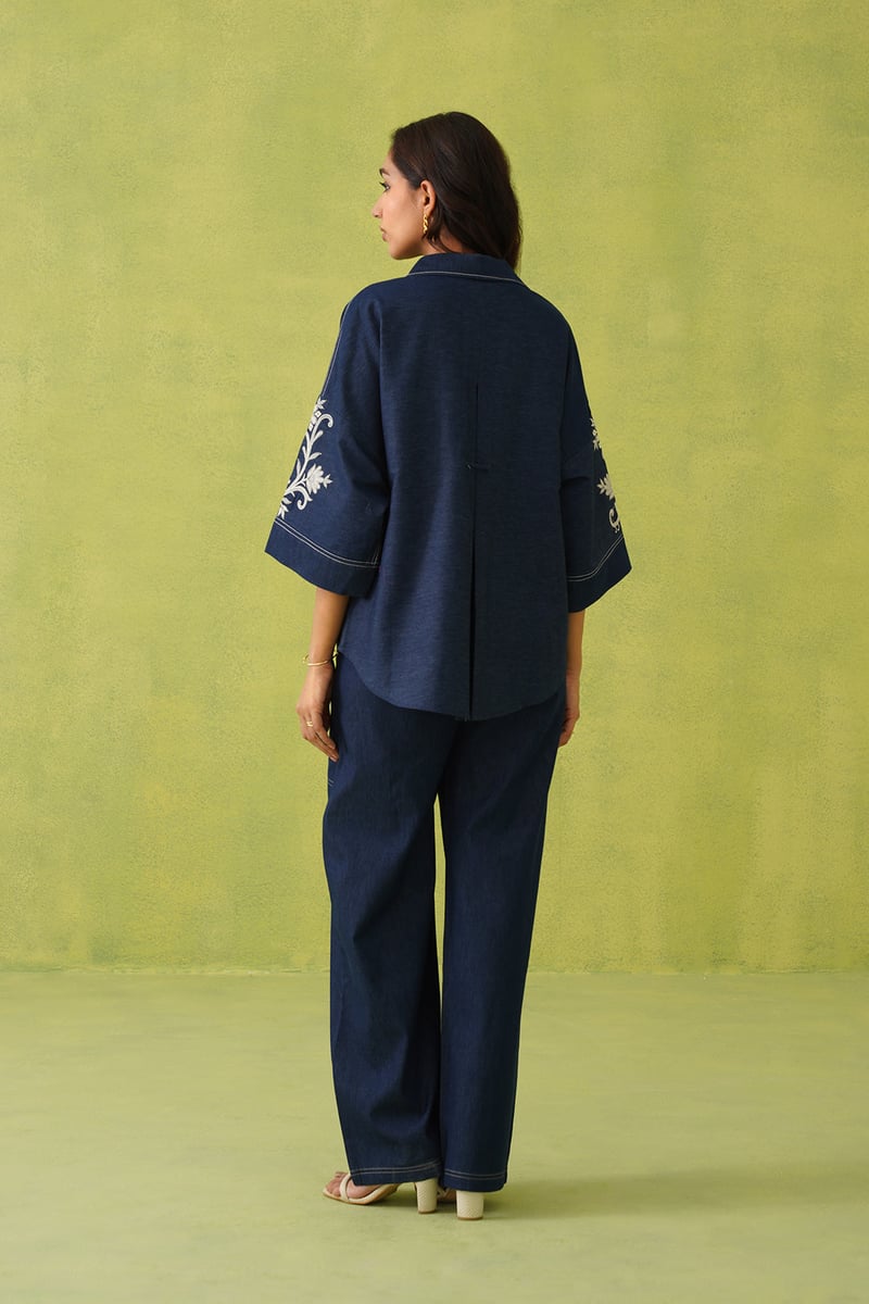 Denim Blue Embroidered Shirt and Wide-Leg Co-ord Set