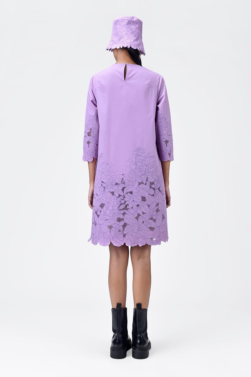 Lavender A-Line Knee-Length Dress with Cutwork Embroidery