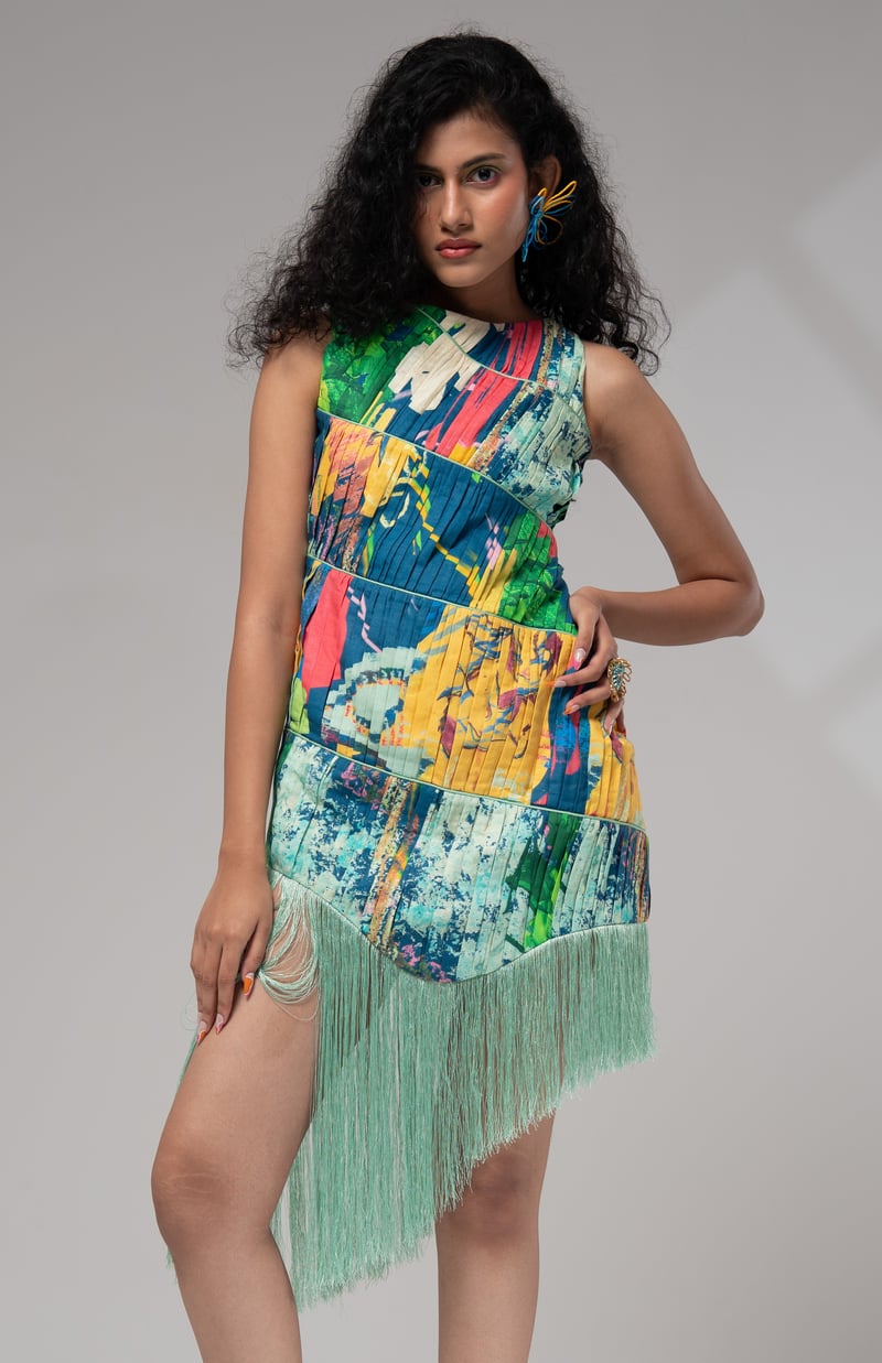 Multicolour Abstract Pleated Fringe Hem Mini Dress
