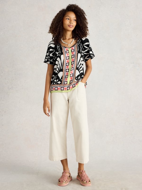 Navy Printed V-Neck Short Sleeve Top — White Stuff