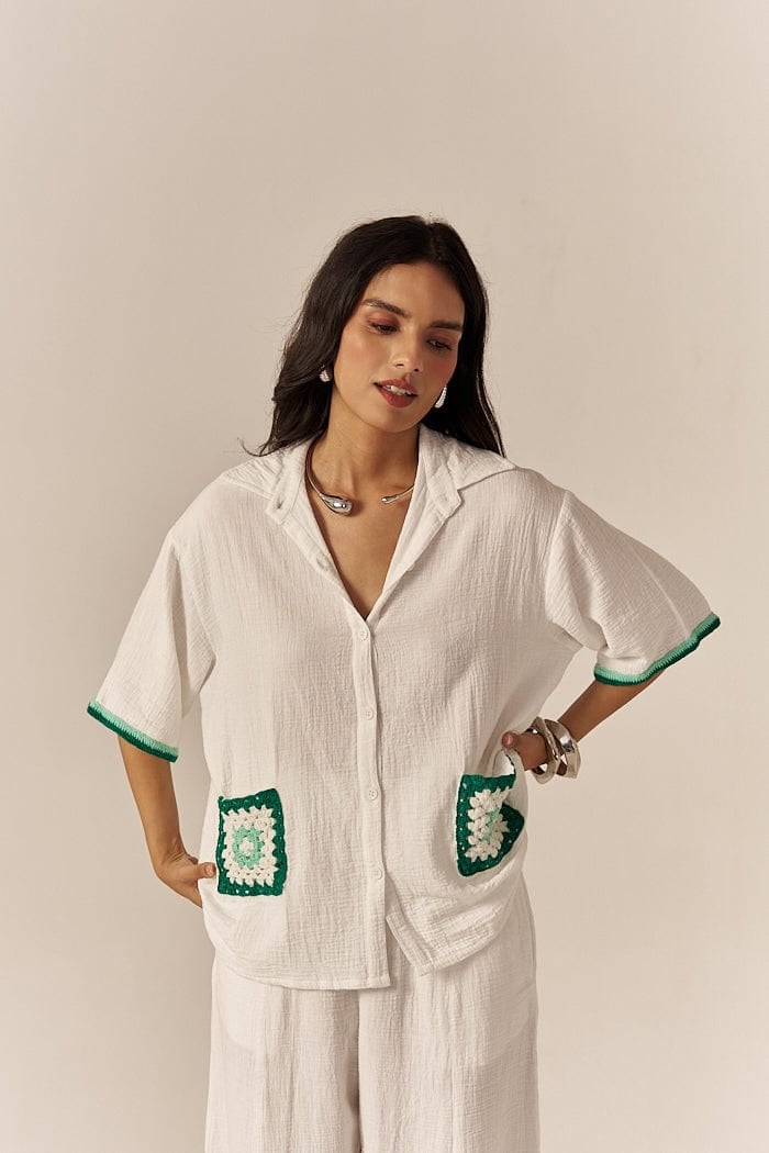 White and Green Crochet Trim Shirt and Shorts Co-ord Set