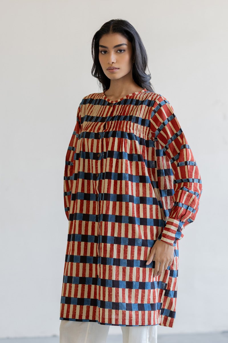 Multicolor Block Print Striped Pintuck Tunic Kurta