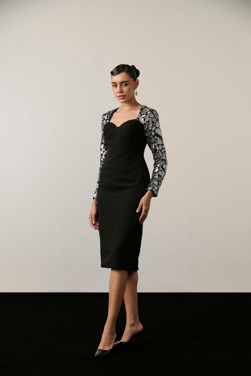Black/Silver Sequin Sleeve Sweetheart Midi Sheath Dress — Label IRIS