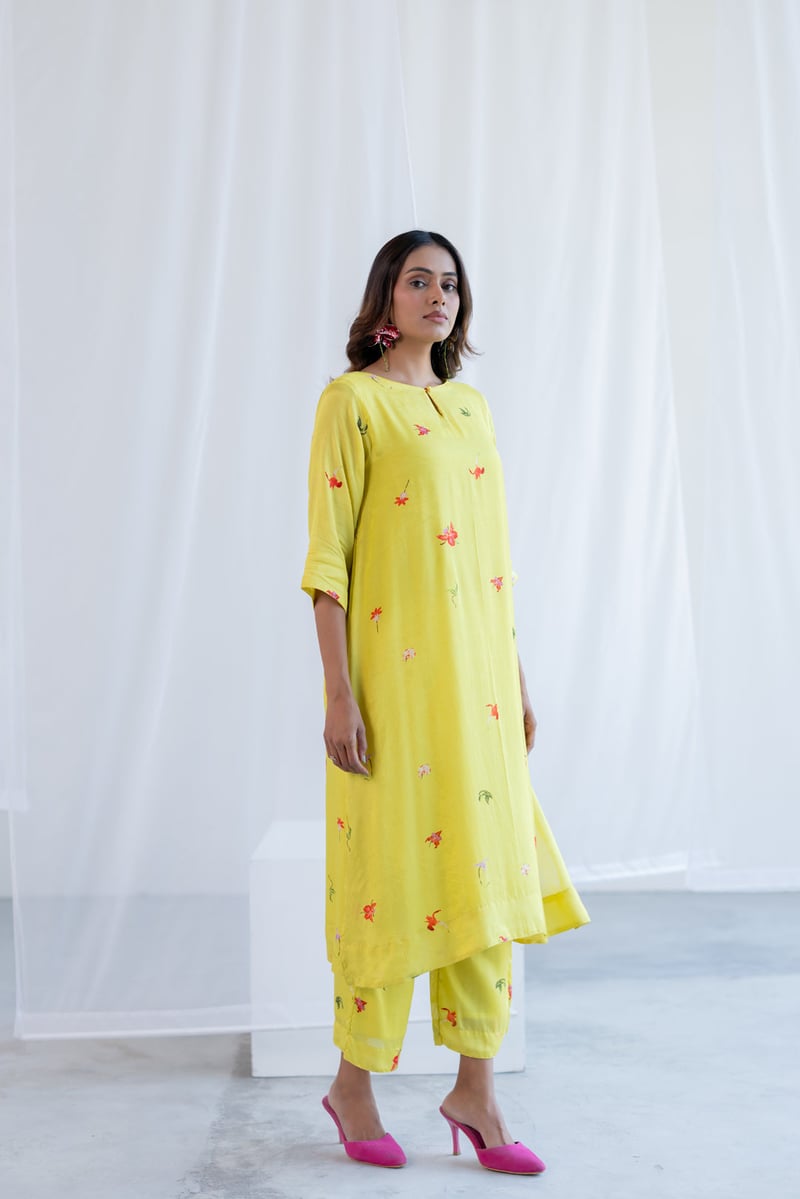 Lime Green Silk Voile Floral Printed Kurta Set with Pants