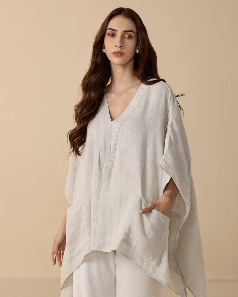 Natural Flowy V-Neck Free Size Poncho Top with Pockets