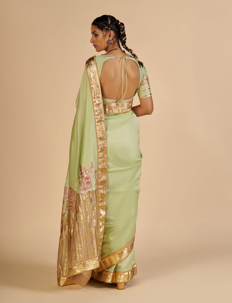 Pista Green Silk Chanderi Saree with Gota Border