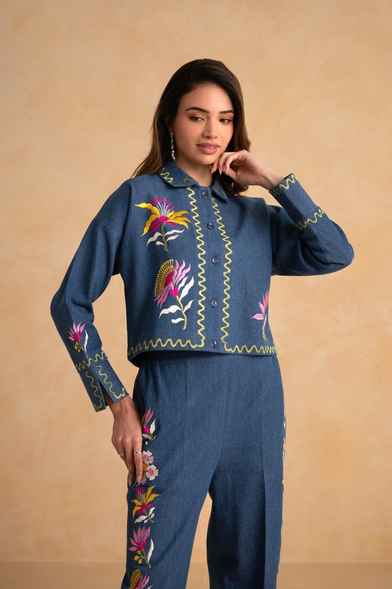 Indigo Blue Embroidered Denim Co-ord Set