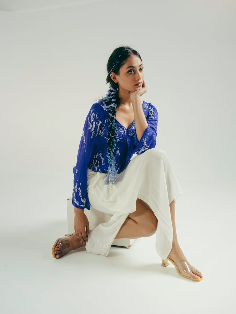 Blue Embellished Jacket Top and Draped Maxi Skirt Co-ord