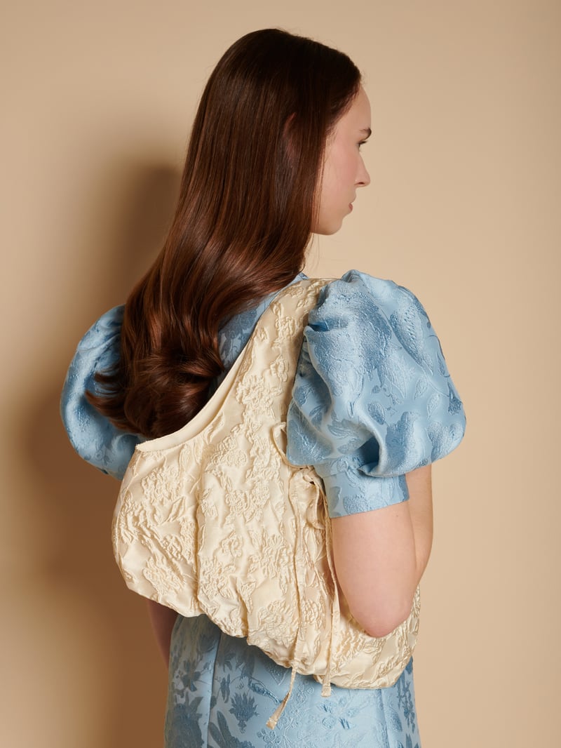 Blue Floral Jacquard Puff Sleeve Mini Dress
