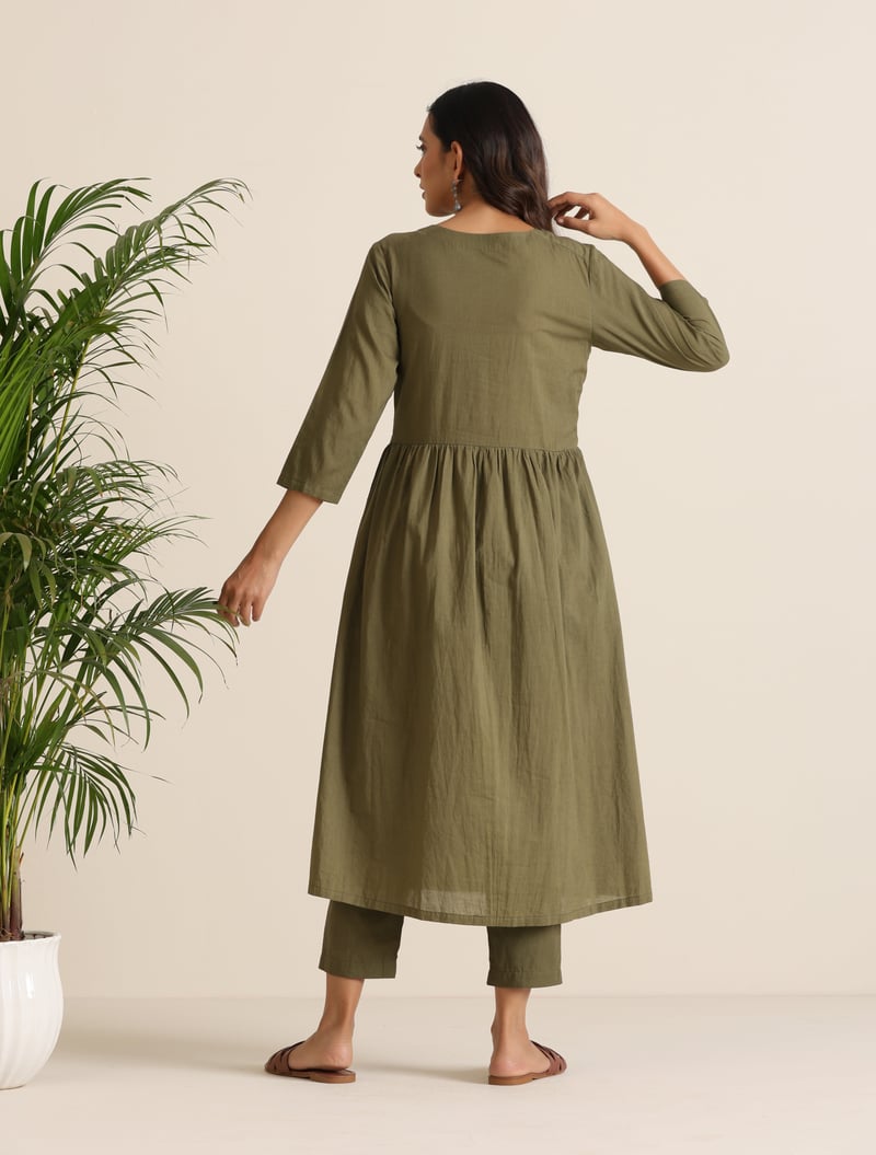 Olive Cotton Cutwork Embroidered Kurta Set