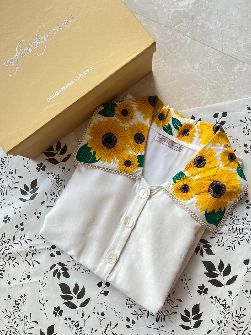 White Chanderi Shirt with Sunflower Collar and Pearl Detail