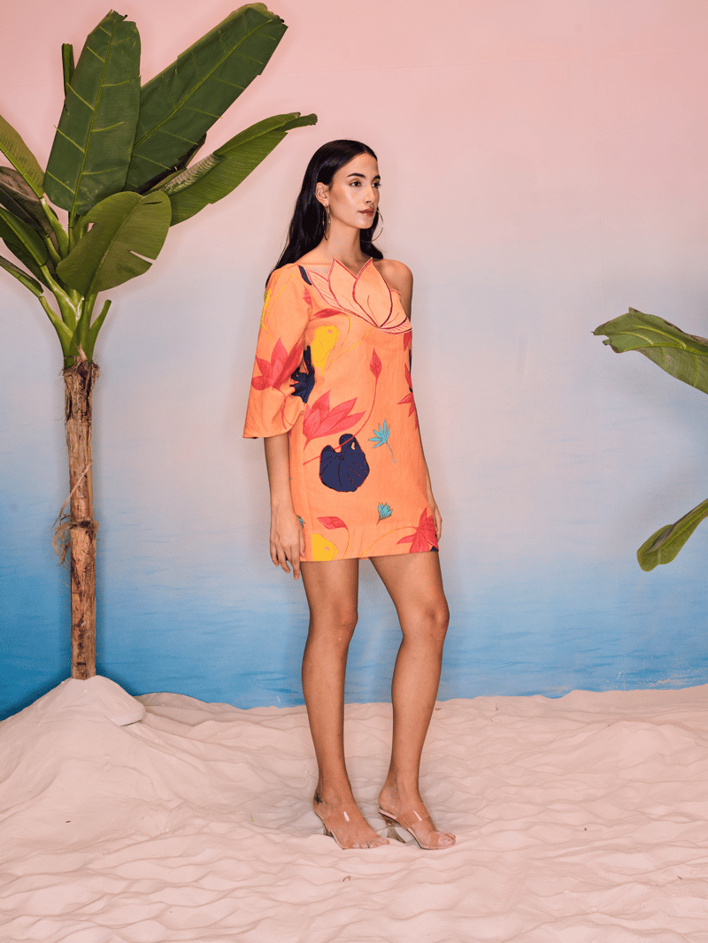 Peach Linen One-Shoulder Lotus Print Mini Dress
