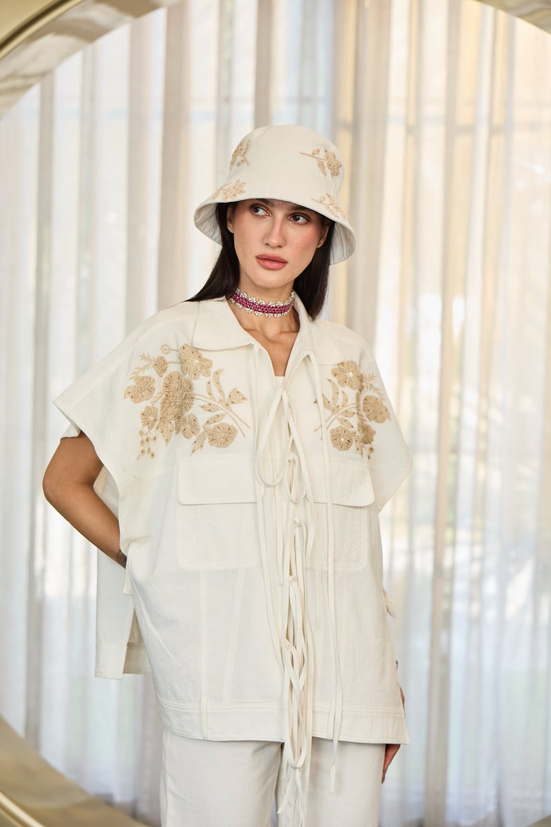 White Denim Embroidered Co-ord Set with Tie-Up Top