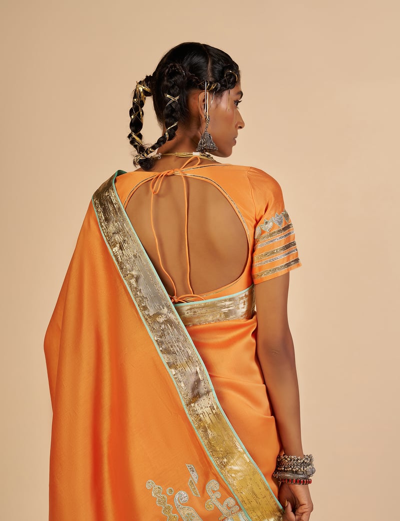 Orange Silk Chanderi Saree with Aqua Pallu and Gota Border