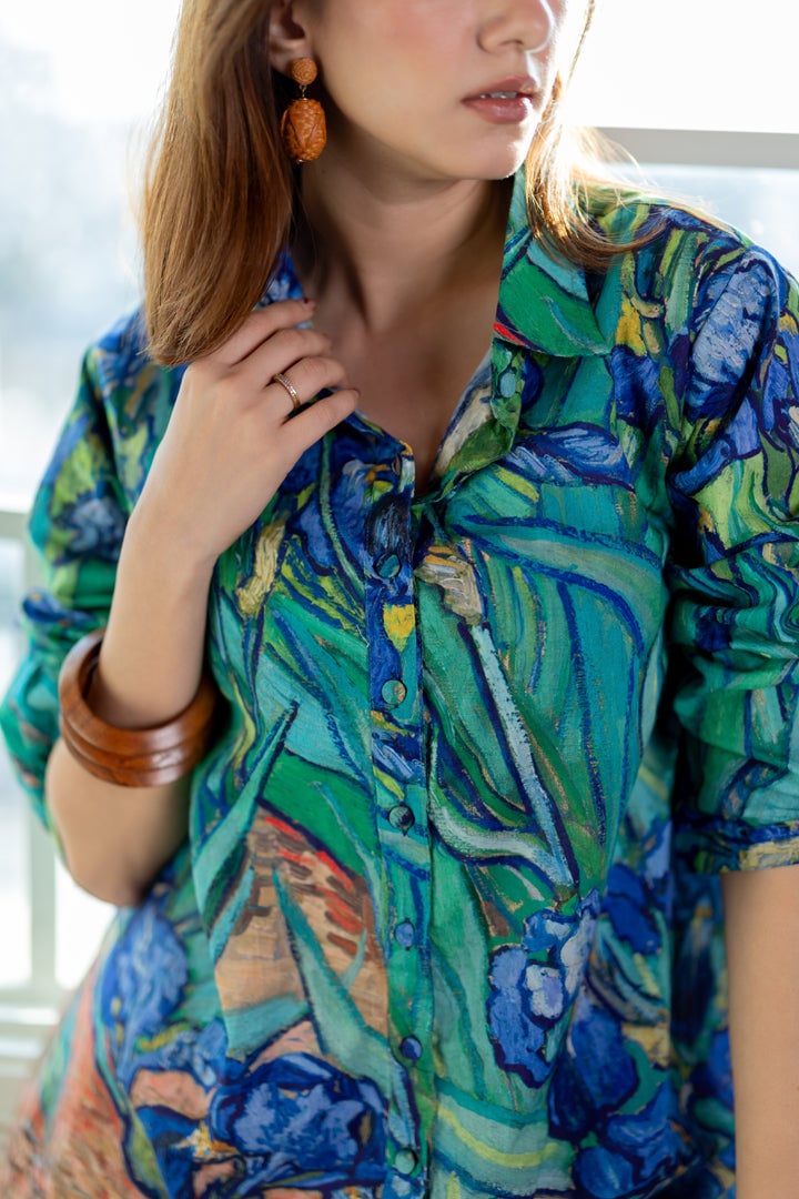 Aqua Blue Iris Print Shirt and Wide-Leg Pants Co-ord Set