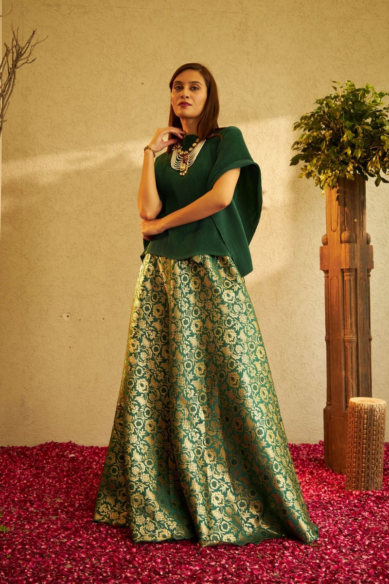 Green Pleated Cape Top and Brocade Ghagra Co-ord Set — TASUVURE