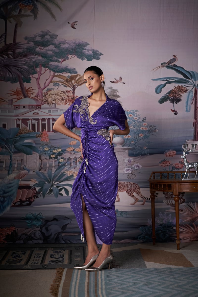 Purple Satin Printed Ruched Kaftan with Plunging Neck