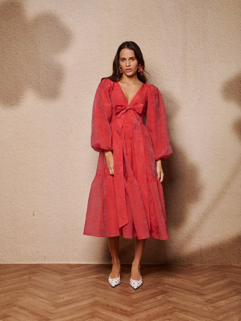 Red V-Neck Bow Detail Tiered Midi Dress