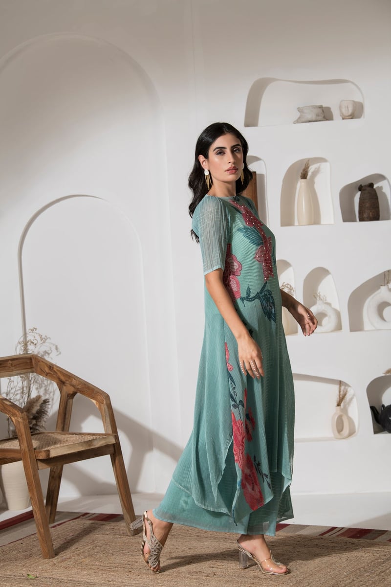 Green Floral Lurex Kaftan Kurta Set with Palazzo