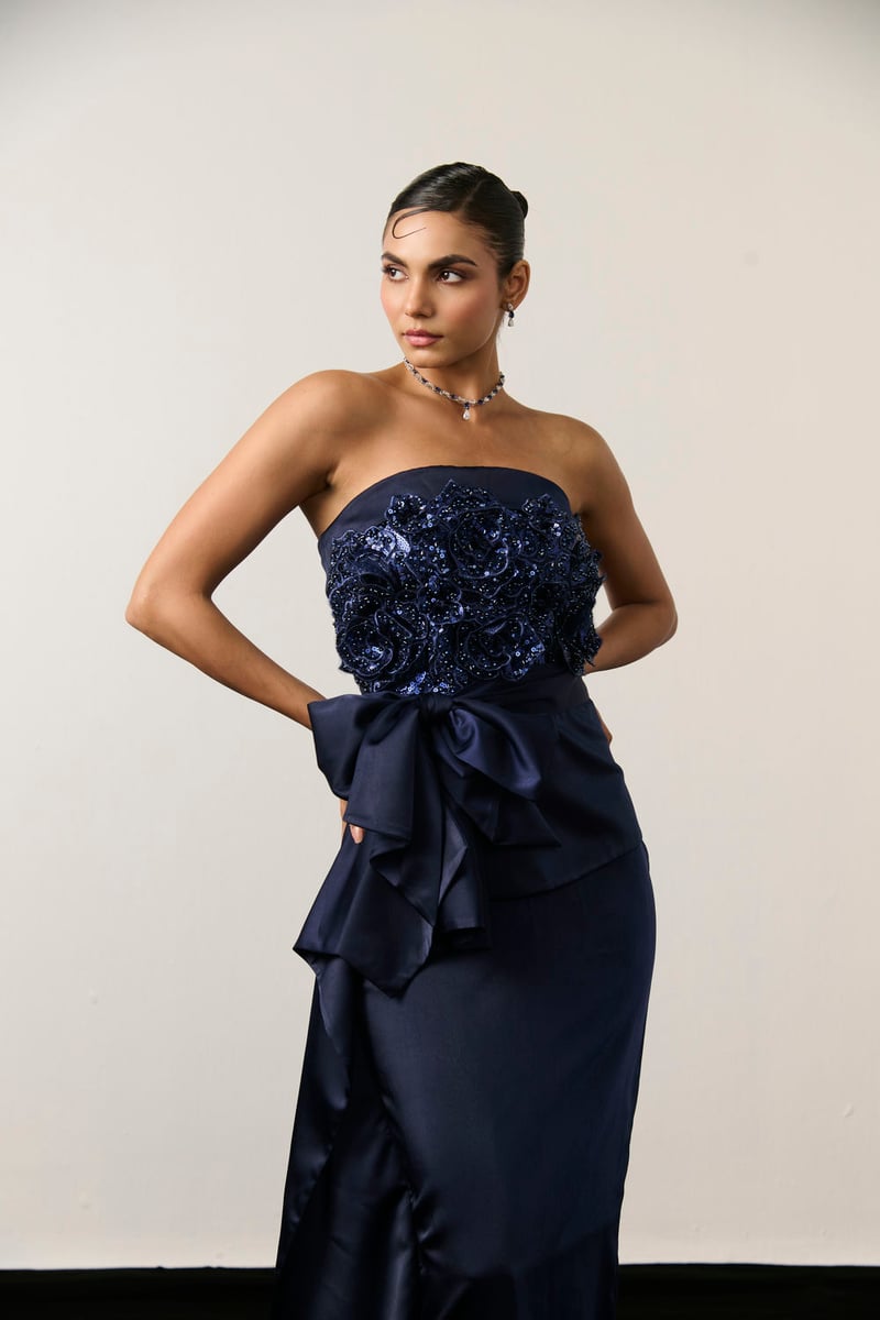 Navy Blue Satin Strapless Embellished Maxi Drape Dress