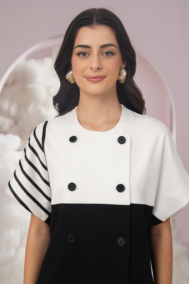 Black/White Colorblock Button-Front Mini Shift Dress