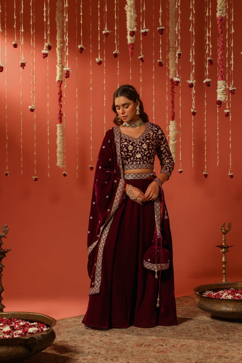 Maroon Velvet Embroidered Lehenga Set With Dupatta
