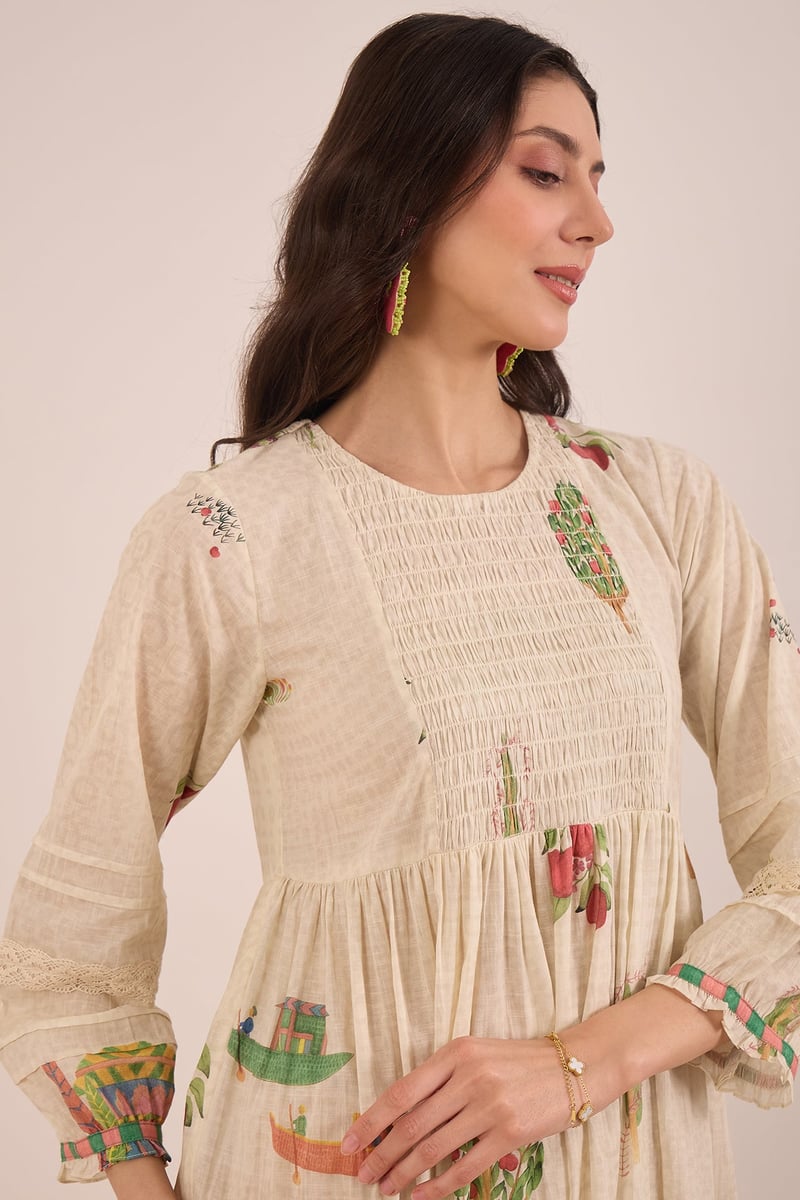 Cream Cotton Scenic Print Tiered Midi Dress