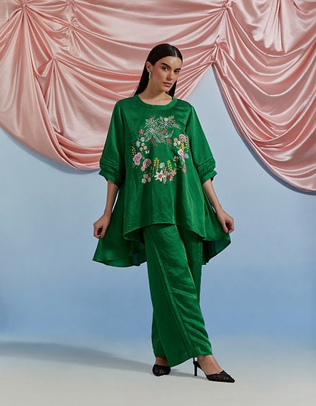 Forest Green Linen Satin Embroidered Top and Trouser Co-ord Set