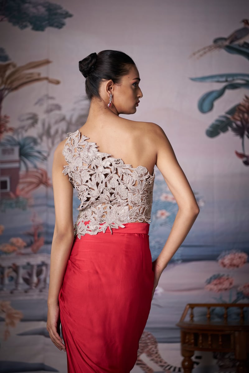 Silver One-Shoulder Embroidered Top and Red Maxi Skirt Set