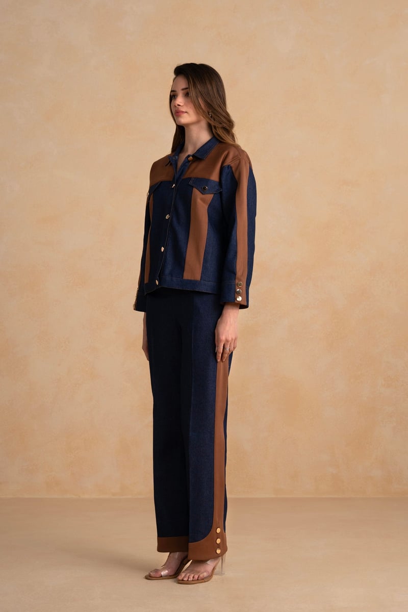 Indigo Denim and Tan Suede Colorblock Co-ord Set